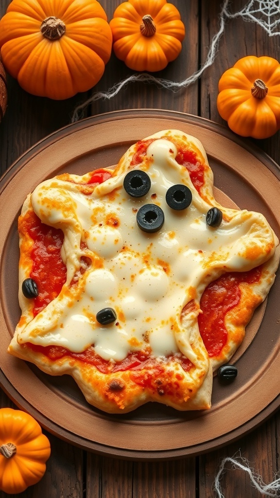 Ghost-shaped pizza with mozzarella cheese and olive eyes on a wooden table with Halloween decorations.